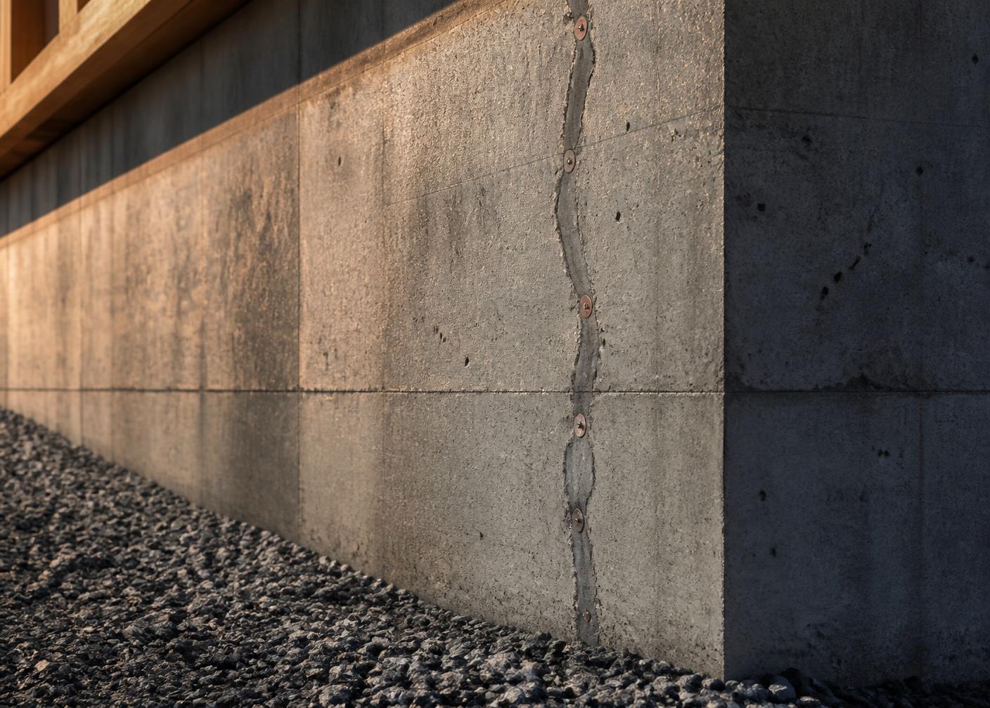 Repaired vertical crack in a poured concrete foundation wall
