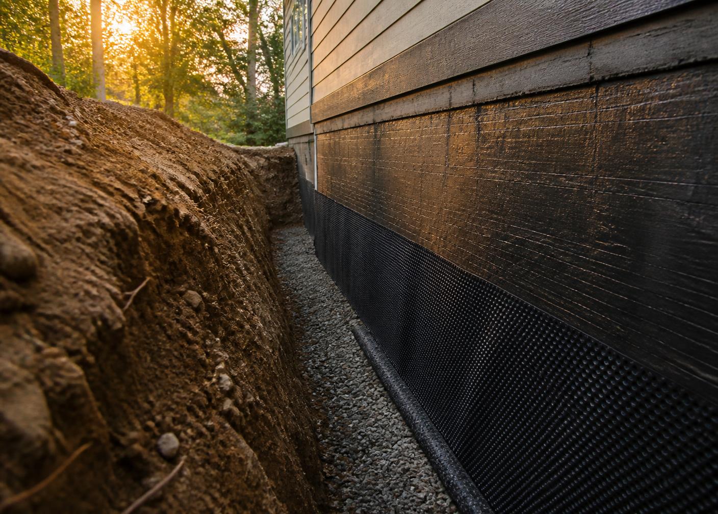 Excavated foundation wall with waterproof membrane and dimpled drainage board