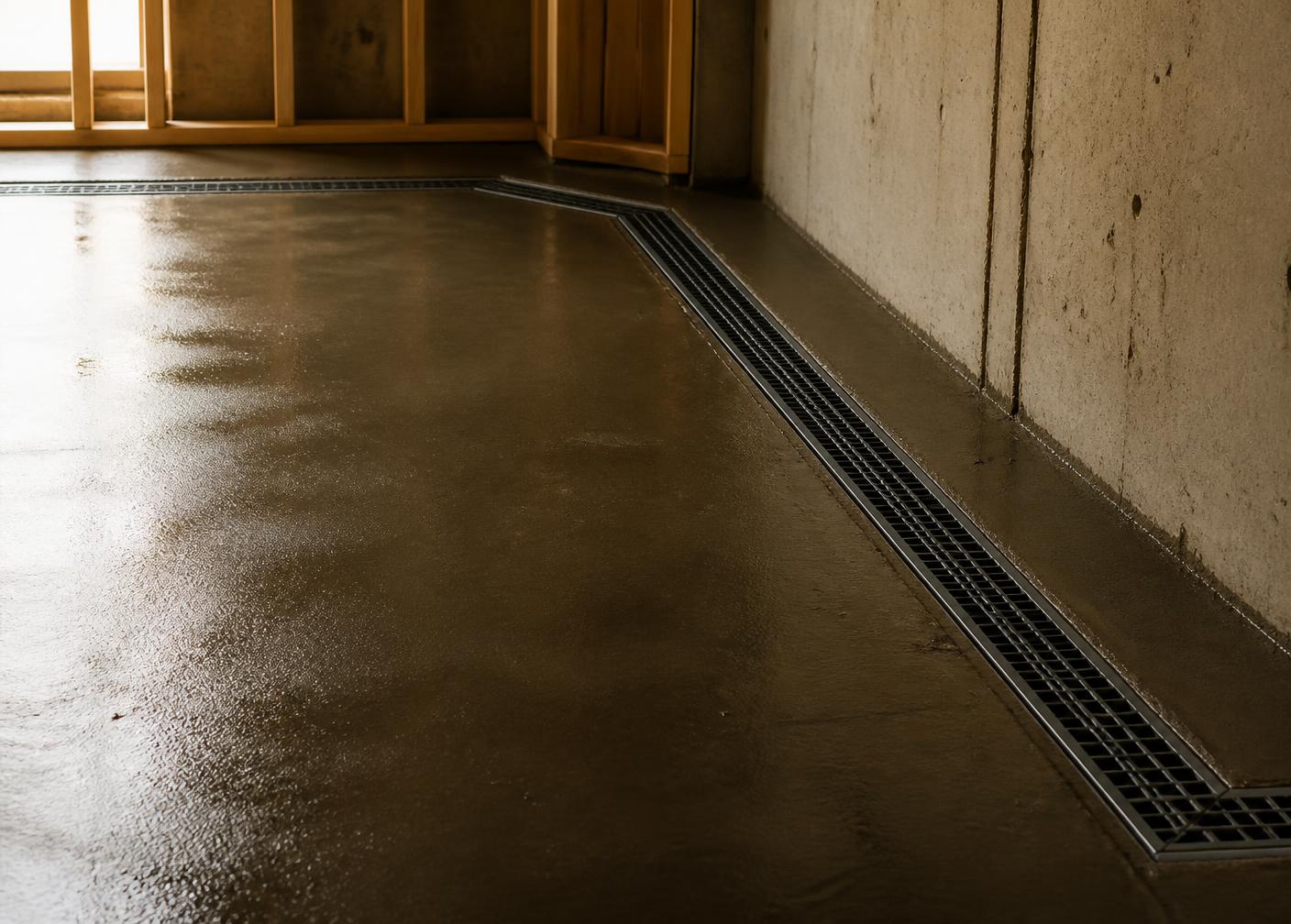 Interior perimeter drainage channel set into a basement floor slab