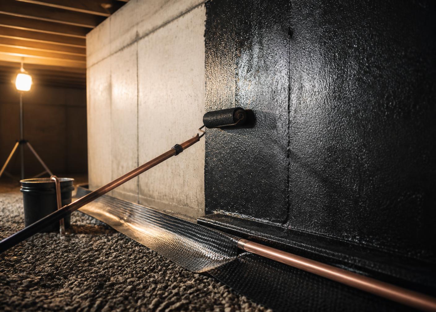 Foundation wall being coated with waterproofing membrane in a Mississauga basement