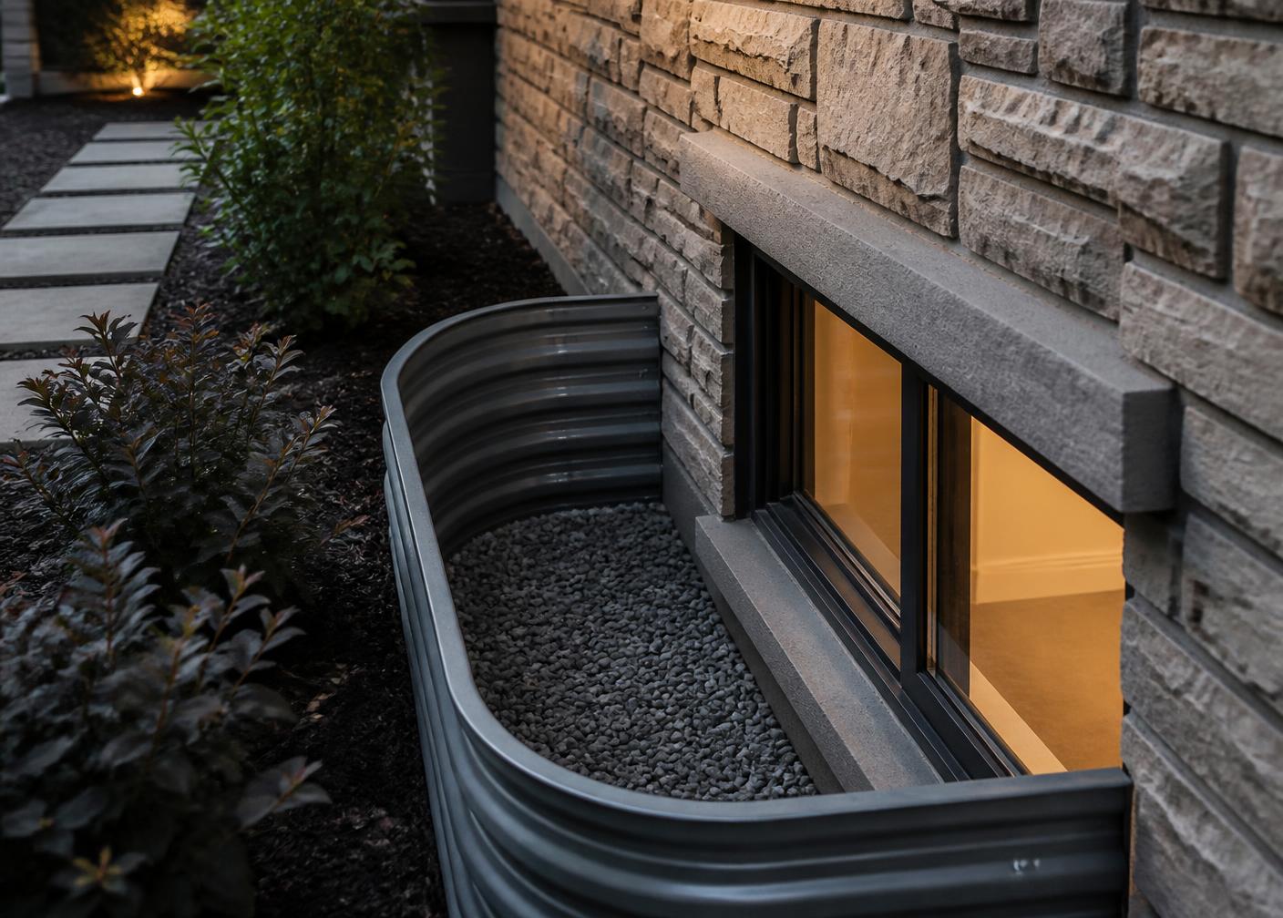 New basement window well with gravel drainage bed against a stone house wall
