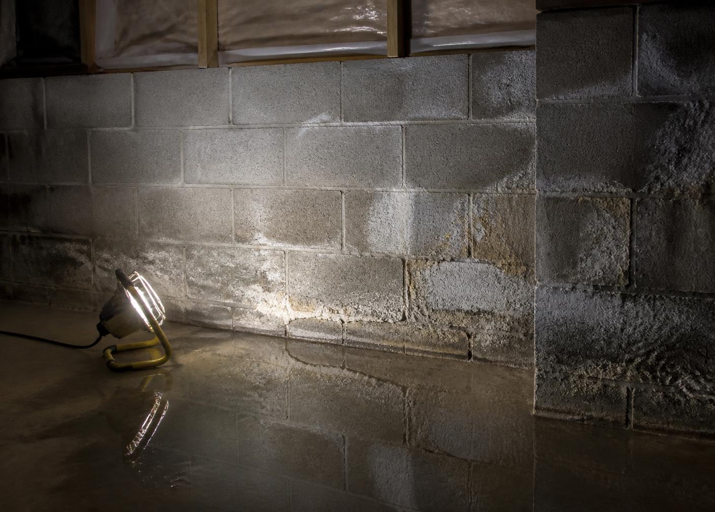 Damp basement block wall with water staining and efflorescence